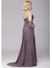 Beaded Dusty Purple Ruched Chiffon Stylish Mother Dress 